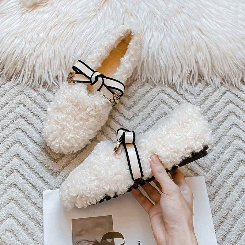 Женская плюшевая обувь, зимняя одежда 2024, новая обувь из овечьей шерсти в горох, хлопковая обувь на толстой подошве на флисовой подкладке, женская обувь больших размеров 41-43