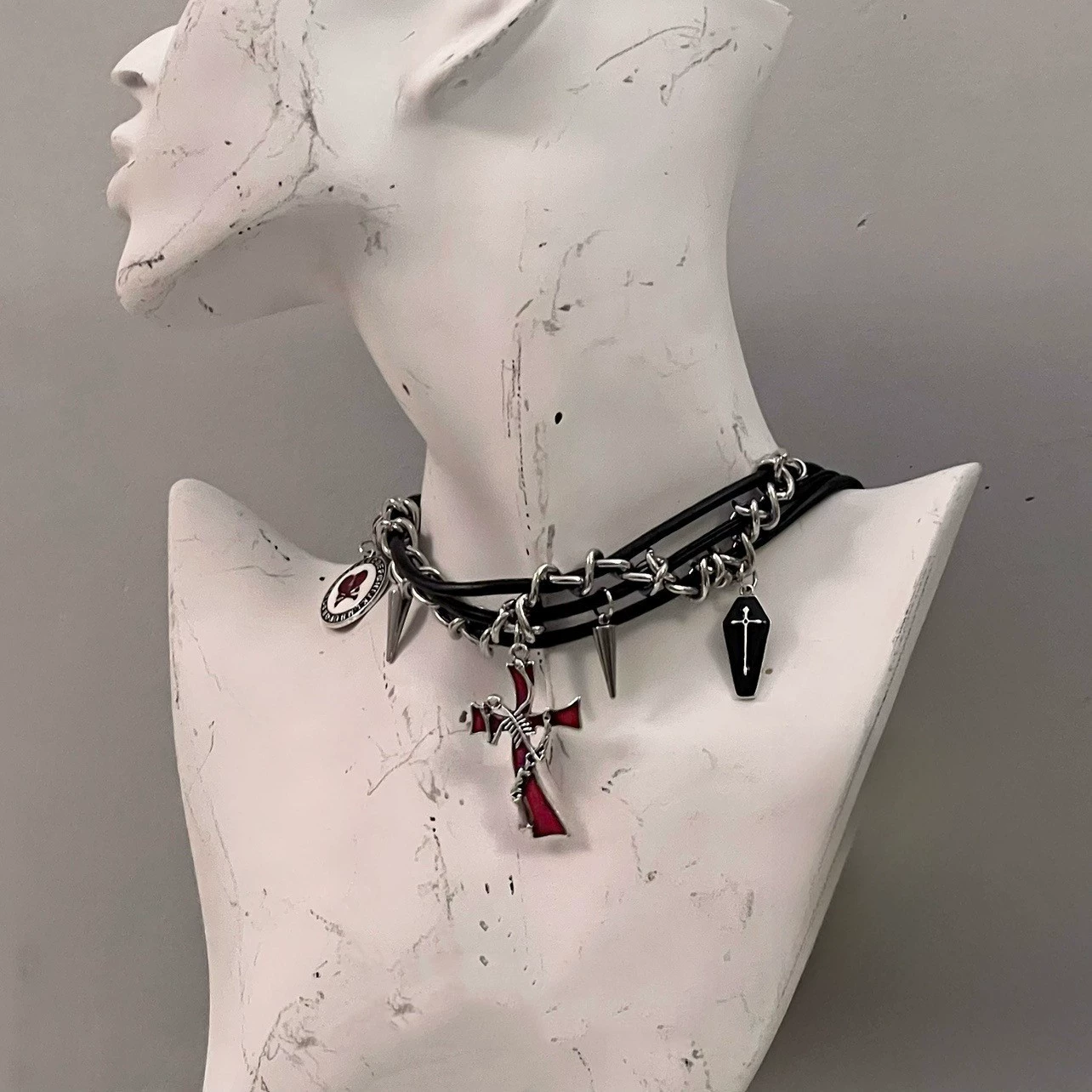 Choker Cluber Metal-Leather Collar, Y2K Subculture Style, Chain & Cross Charms