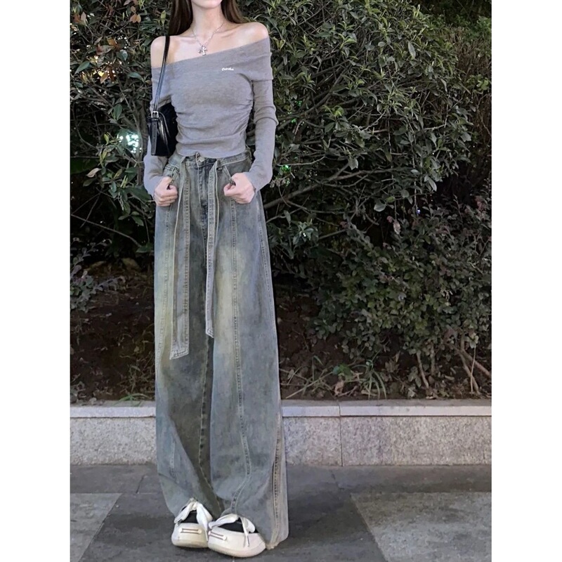 美式阔腿牛仔裤女春秋季女装高腰宽松显瘦百搭直筒拖地裤子ins潮|undefined