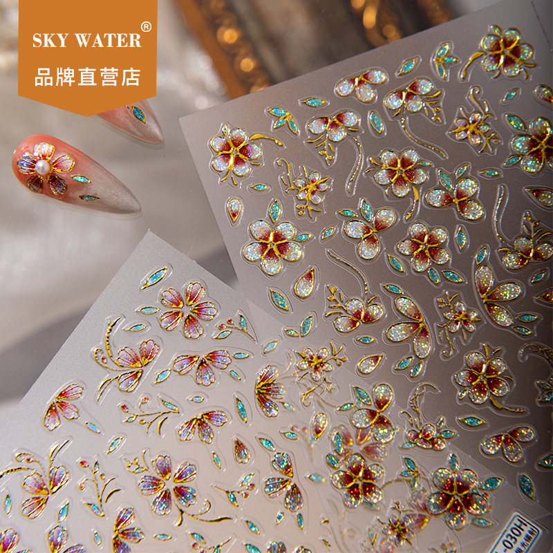 Sky Filigree Enamel Nail Stickers 2026 New Embossed Gold Stamping Chinese Style Floral Texture Nail Decals Sky Filigree Enamel Nail Stickers 2026 New Embossed Gold Stamping Chinese Style Floral Texture Nail Decals