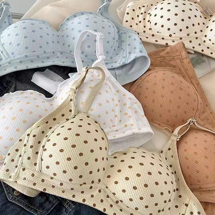 Polka Dot Girl Underwear, Sweet Small Breasts, No Rims, Anti-Sagging, Comfortable and Breathable French Student Bra for Women