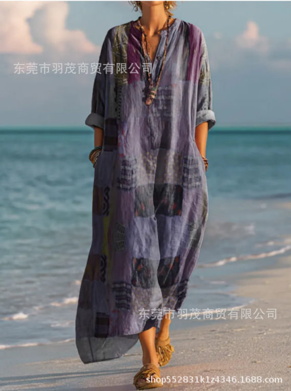 2025新款独立站女式复古花卉艺术图案印花口袋V领口袋连衣裙2|undefined