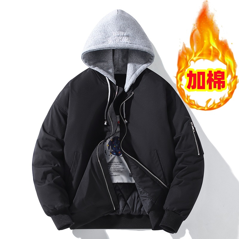 秋冬季可拆卸帽飞行棉服男士棒球服外套加棉加厚夹克休闲宽松棉衣