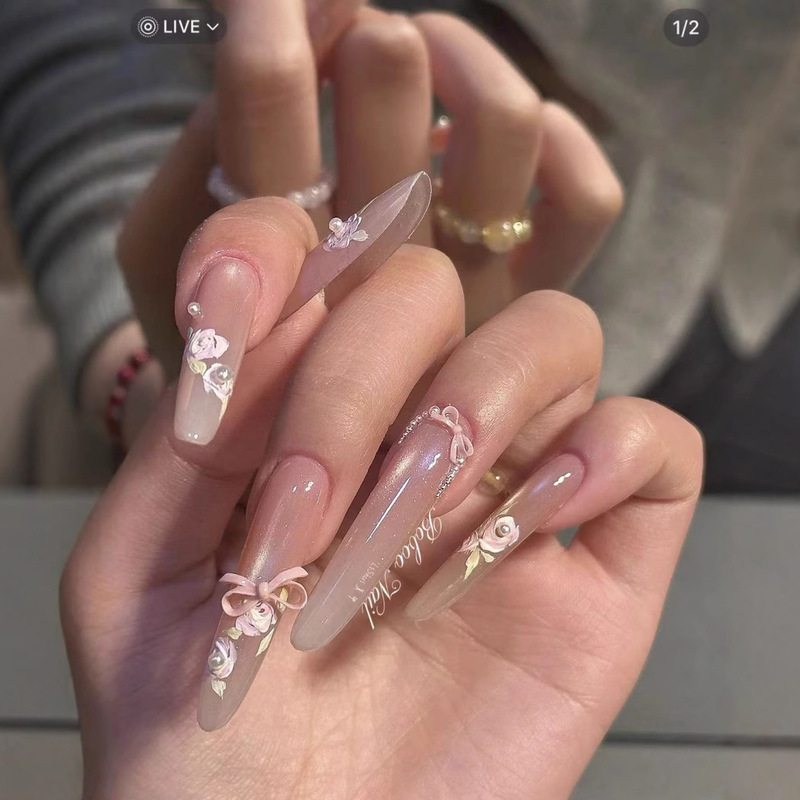 Pure hand-worn nail art hand-painted two-color rose oil painting bow explosion style temperament simple explosion style nail art