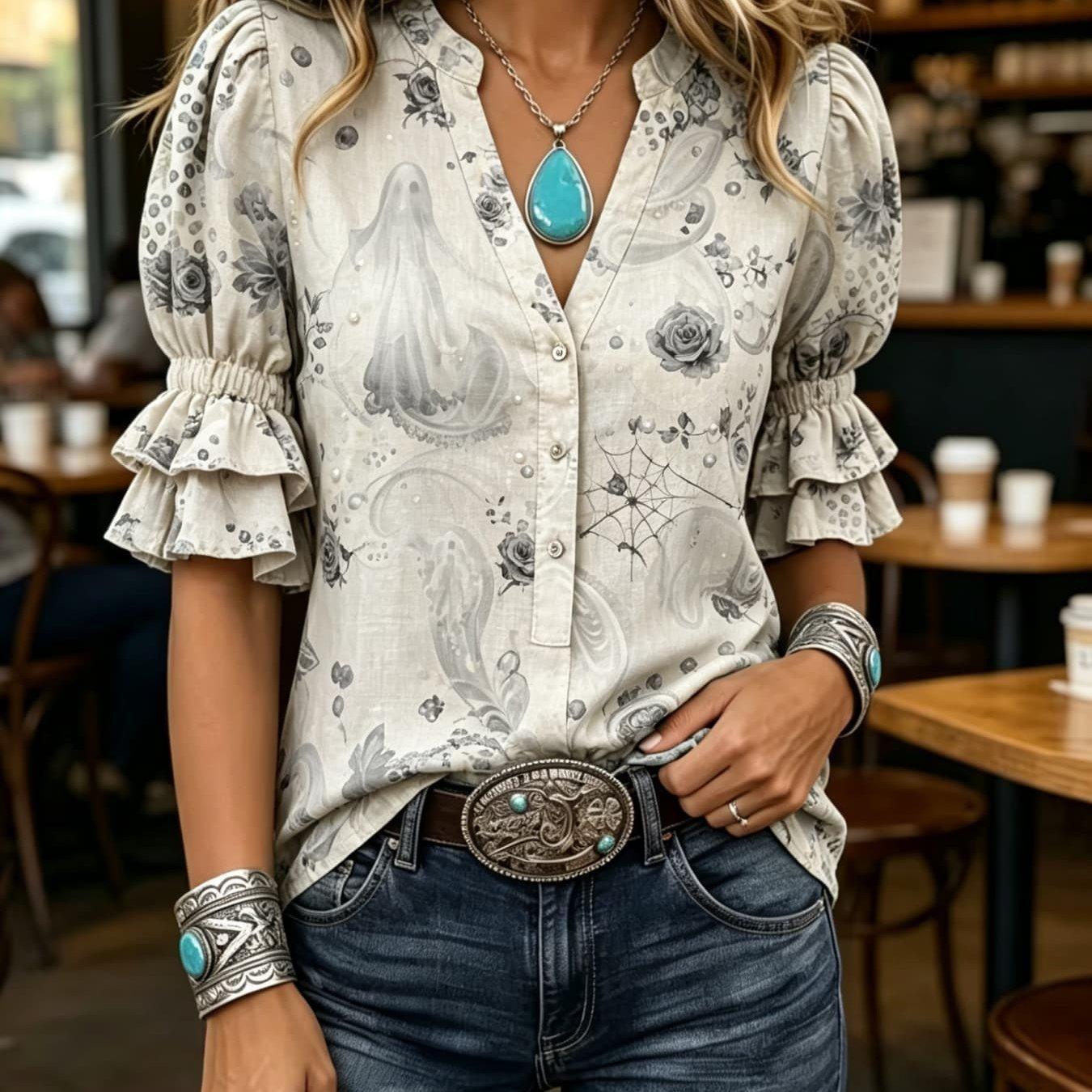 Transfronterizo exclusivo para camisas de impresión vintage mujeres sueltas de cuello en V de manga corta chaqueta bohemiana Europa y América nuevo transfronterizo image 38