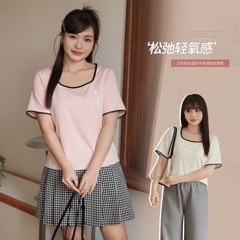 Korean-style Front Shoulder Contrast Embroidered Lace Stitching Top Women's chubby girl plus size Loose Slimming Short-sleeved T-shirt SC65230