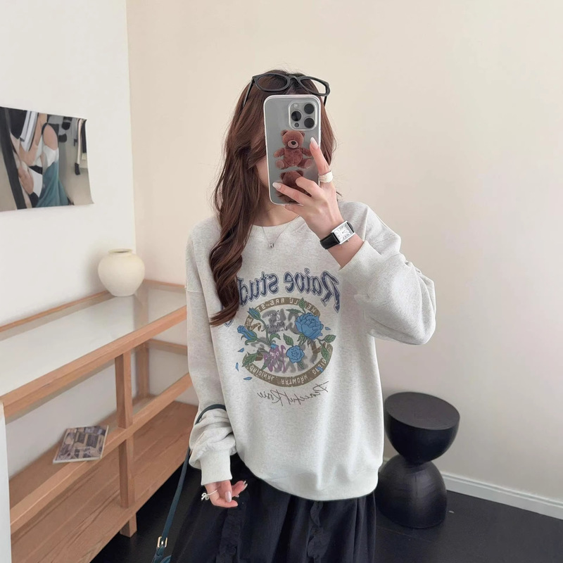 White Deer Style Korean Rose Print Pure Cotton Sweatshirt for Women, Early Spring New Loose Fit Versatile Slimming Long-Sleeve Top White Deer Style Korean Rose Print Pure Cotton Sweatshirt for Women, Early Spring New Loose Fit Versatile Slimming Long-Sleeve Top