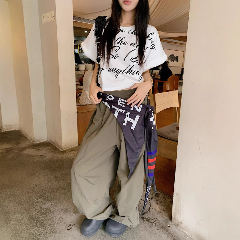 厂家直销咖绿色绑带叠穿松紧休闲裤夏季美式复古宽松阔腿裤长裤子|undefined