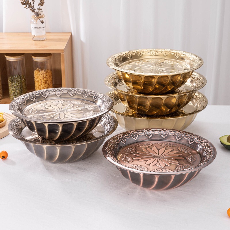 Cross-Border Export to the Middle East Stainless Steel Covered Basin Thai Embossed Set Basin Fruit Printed Tribute Tray Hotel Retro Round Basin