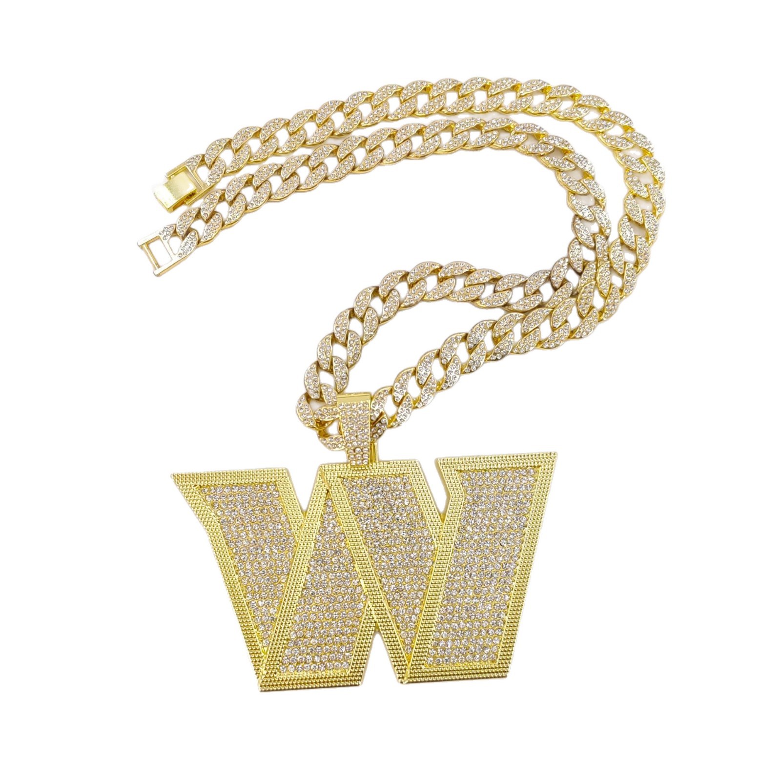 Collar con colgante de letra W con diamantes, estilo hip-hop europeo y americano, con cadena cubana incrustada de diamantes, joyería personalizada de moda para hombre, suministro transfronterizo.