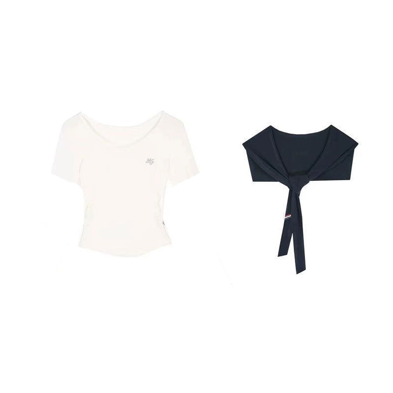 韓国カレッジスタイルネイビーカラートップスーツレディース春デザインニッチ半袖Tシャツハイウエストスリムプリーツスカート|undefined