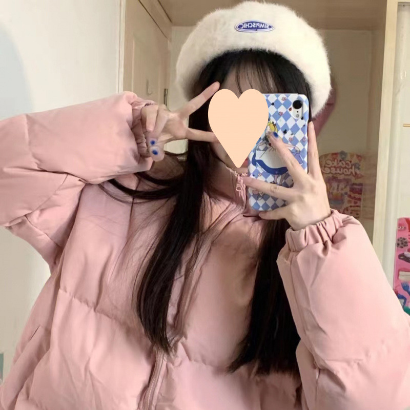 可愛粉色羽絨棉服女2025新款冬季寬鬆加厚立領小個子麵包服棉襖潮