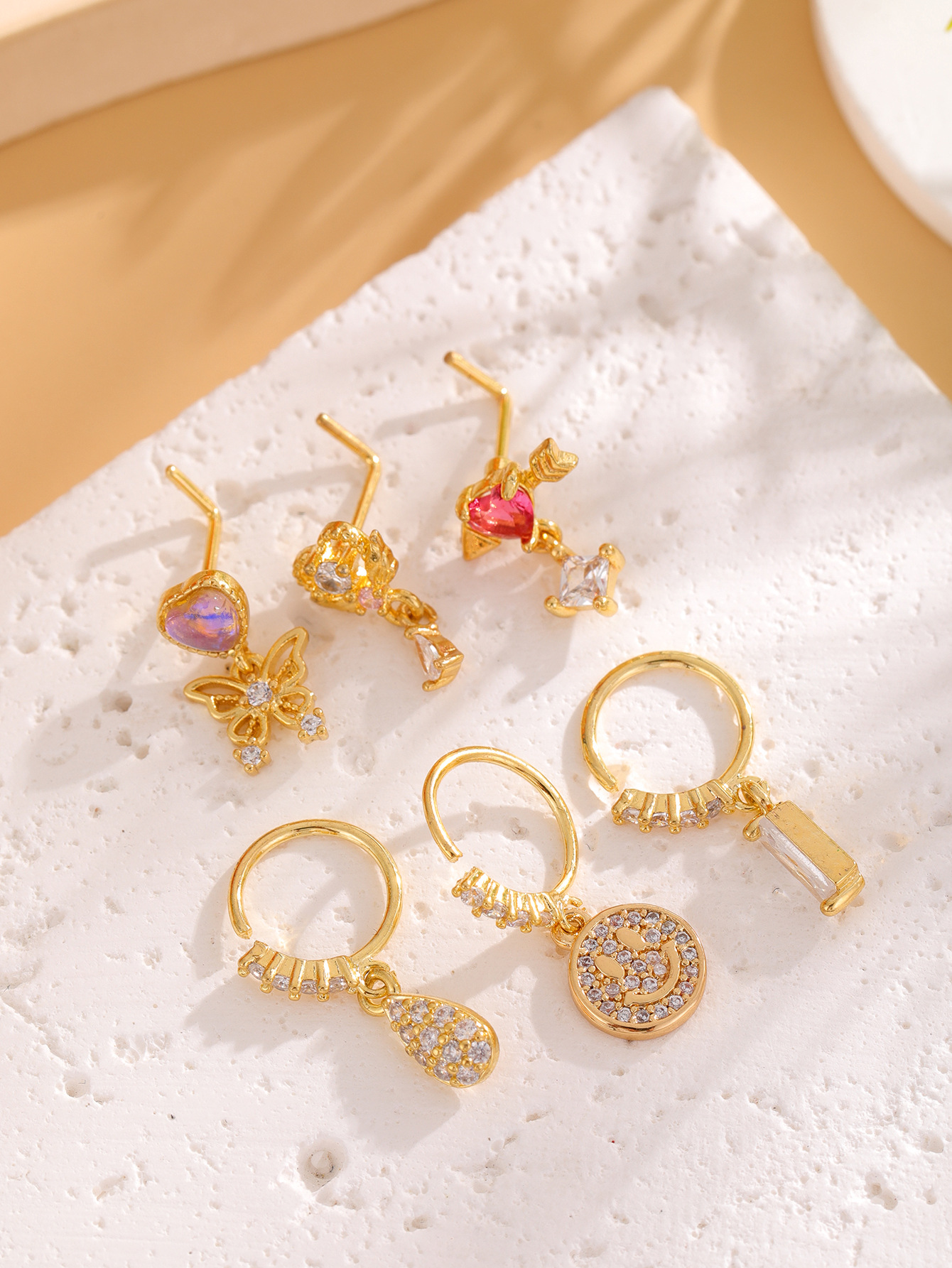 7g Weight Zircon Inlay Material Nose studs Classification Nose Rings & Studs Piercing Type 1 Piece Quantity Holiday, Street Occasion Copper Material Smile Face, Heart Shape, Butterfly Pattern Women's Gender Plating, Inlay Design Retro, Simple Style Style 1 Piece Nose Rings & Studs Retro Simple Style Smile Face Heart Shape Butterfly Copper Plating Inlay Zircon Nose Rings & Studs Nose Pin 1