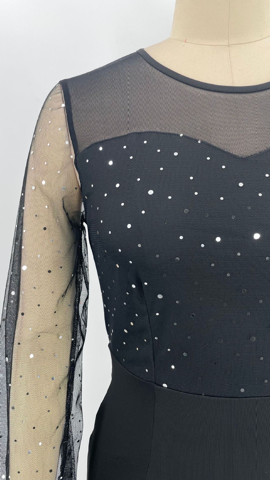 Women's Clothing elegant dress solid color mesh sequin stitching high waist long slim evening dress_voghion.com