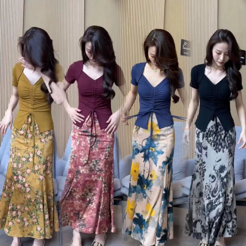 Sexy Drawstring Shirt Top Slimming Hip Fishtail Overskirt Two-Piece Summer New Elegant suit