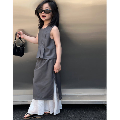 Children's Set 2024 Summer New Korean Style Unique Design Sleeveless Top Contrast Color Long Dress Trendy Dropshipping One Piece