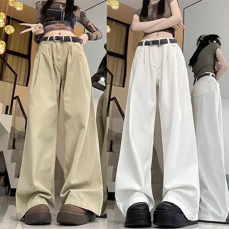 Khaki Casual Pants Women's Denim Floor-Length Pants 2025 New High-Waist Slim Loose Wide-Leg Straight Pants Long Pants