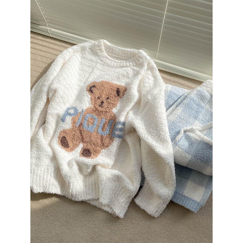 软糯可爱小熊半边绒睡衣女款2025冬季新款加厚毛绒针织家居服套装|undefined