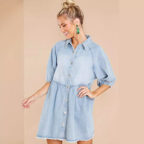  New Arrival Amazon Cross-Border Women's Fashion Hot-Selling Solid-Color Mid-Sleeve Denim Dress with Defined Waistline for European and American Markets