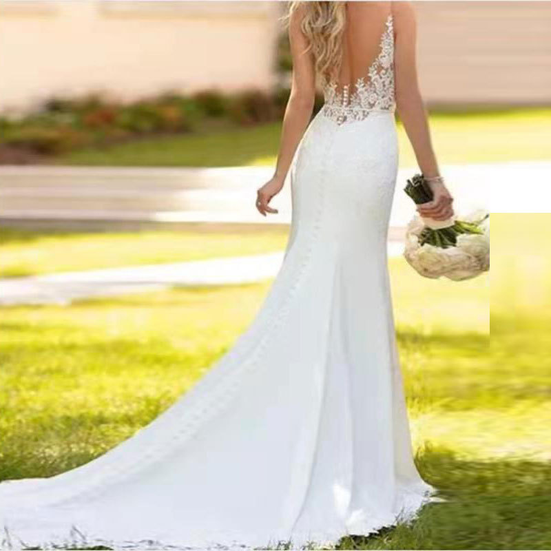 El Comercio exterior europeo y americano Amazon AliExpress deseo elegante vestido de novia con cuello en V hermoso largo elegante sexy vestido de novia cola de pez