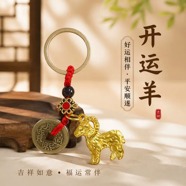 Dropshipping Zodiac Sheep Five Emperors Money Keychain Brass Amulet Pendant for Bags and Cars