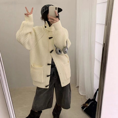 韩系慵懒风复古牛角扣高领针织开衫女秋冬宽松加厚毛衣外套G1558