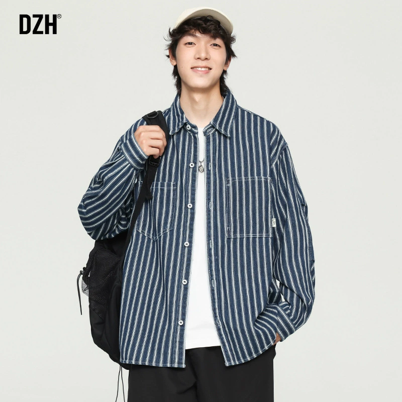 Мужская синяя полосатая джинсовая рубашка куртка мужская весна осень 2024 новая одежда осень повседневная рубашка