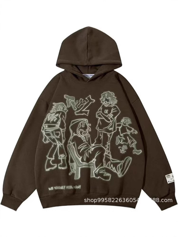 ラインキャラクタープリントフード付きスウェットシャツボーイズハイストリートファッションブランドデザインニッチルーズ秋冬プルオーバーパーカー|undefined