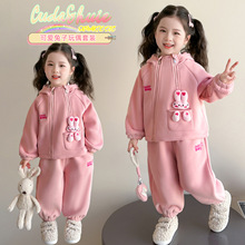 女童休闲加绒套装秋冬季加绒新款女宝宝卡通兔子洋气连帽加厚冬装