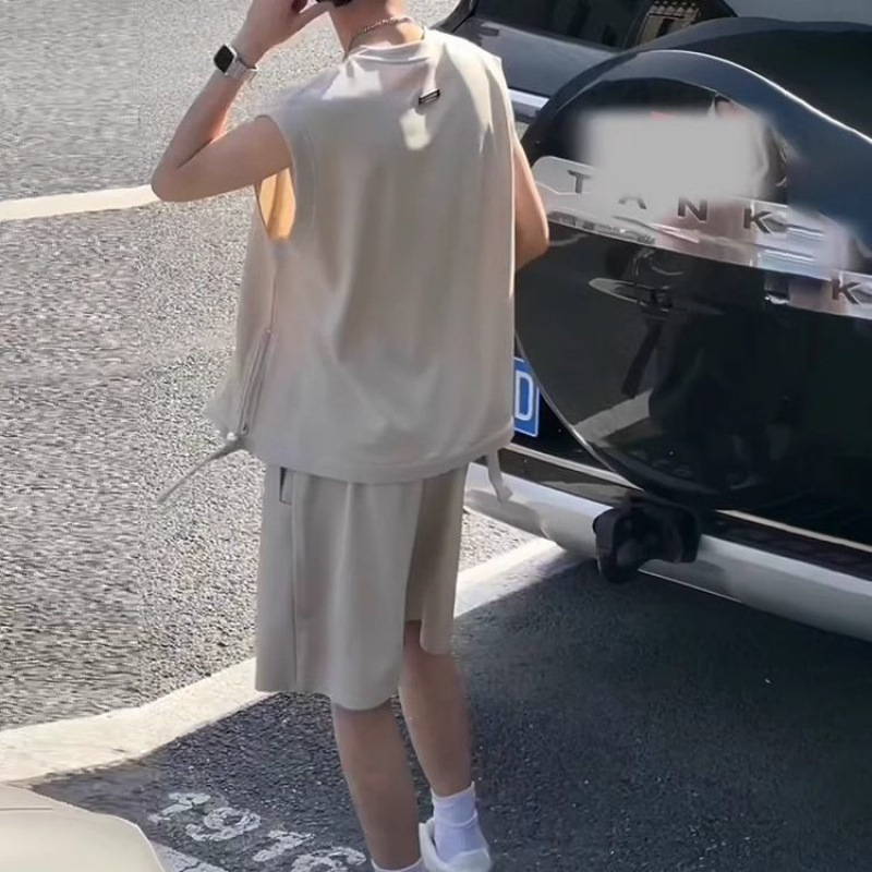 夏ワッフルノースリーブベストベストスーツメンズルーズTシャツショーツファッショナブルな個性ツーピーストレンディセット|undefined