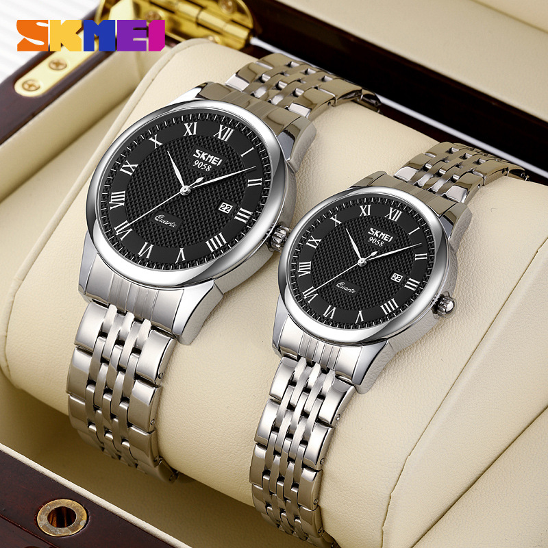 Momentos de negocios de pareja de reloj de escala romana calendario de acero impermeable reloj de cuarzo para hombres y mujeres al por mayor en stock transfronterizo
