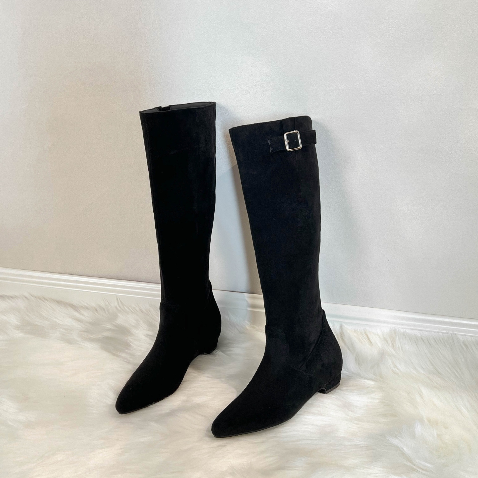 Botas Altas de Montar para Mujer de 6 cm, Microfibra y Terciopelo, Tacón Ancho, Hebilla Decorativa, para Invierno y Uso Diario
