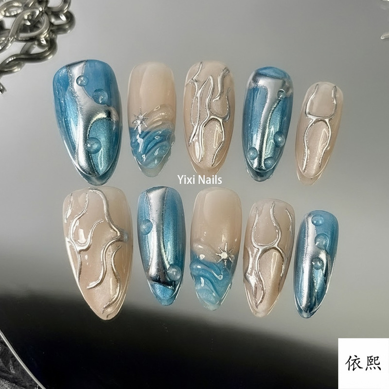 Cross-Border Foreign Trade Style Wearable Nail Tips Y2K Sweet Cool Spicy Girl Blue Cat Eye Gold-Plated Long High-End Nail Stickers Cross-Border Foreign Trade Style Wearable Nail Tips Y2K Sweet Cool Spicy Girl Blue Cat Eye Gold-Plated Long High-End Nail Stickers