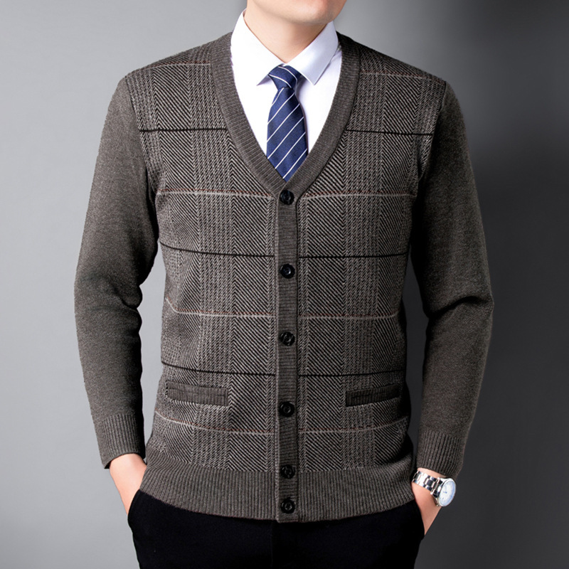 New Men's Knitwear for Outdoor Wear, Striped Cardigan for Elderly Men, Buttoned Knit Sweater for Winter