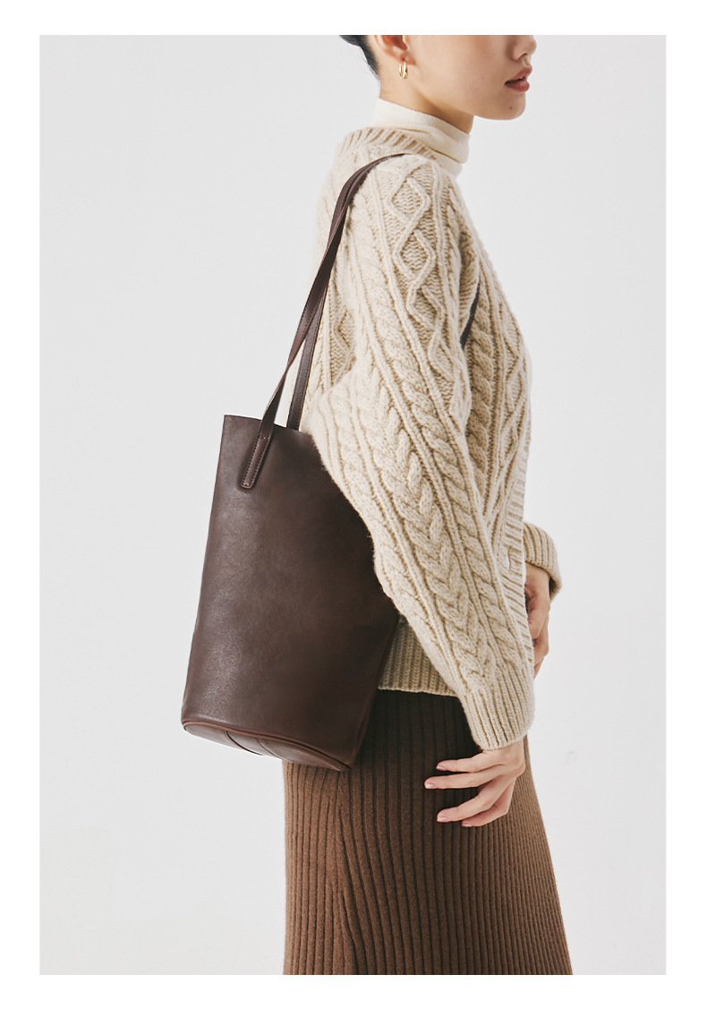 Qiu Zhen Lazy Water Bucket Genuine Shoulder Unique Soft Leather Women's Ba, Commutin Top Layer Plant Tanned Cowhide_voghion.com