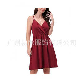 2021欧美亚马逊eBay夏季新款女式背心裙V领细肩带休闲露背摆裙女
