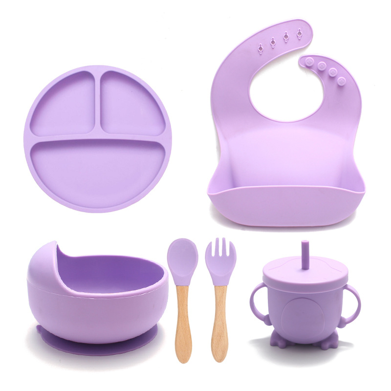 Plato de cena transfronterizo de silicona con ventosa, cuenco de comida integrado, vajilla dividida para bebé resistente a altas temperaturas, juego de ocho piezas al por mayor