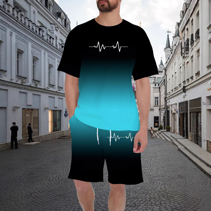Summer Style Pure Black with Deep Dark Green Digital Print Sportswear, Round Neck T-Shirt and Shorts Two-Piece Set