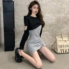 8064小个子套装女秋季设计感短款卫衣不规则显瘦背心打底裙两件套