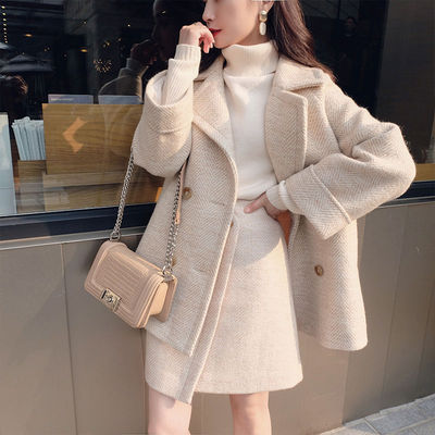 tender suit superior quality fashion Fur Autumn and winter temperament Little Mid length version Woolen skirt Two piece set