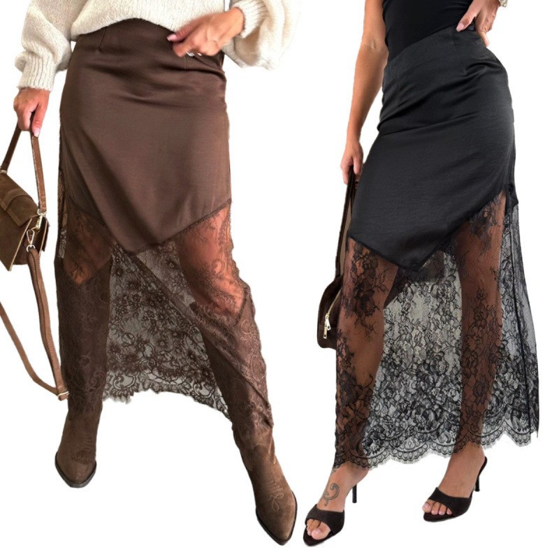 Cross-Border Independent Station 2025 European and American Autumn and Winter New Women's Sexy Lace Splicing Mid-Length Skirt Half-Length Hip Skirt