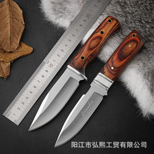 Outdoor straight knife, wild survival knife, survival hunting knife, camping, barbecue, portable fruit knife, cross-border wooden handle knife