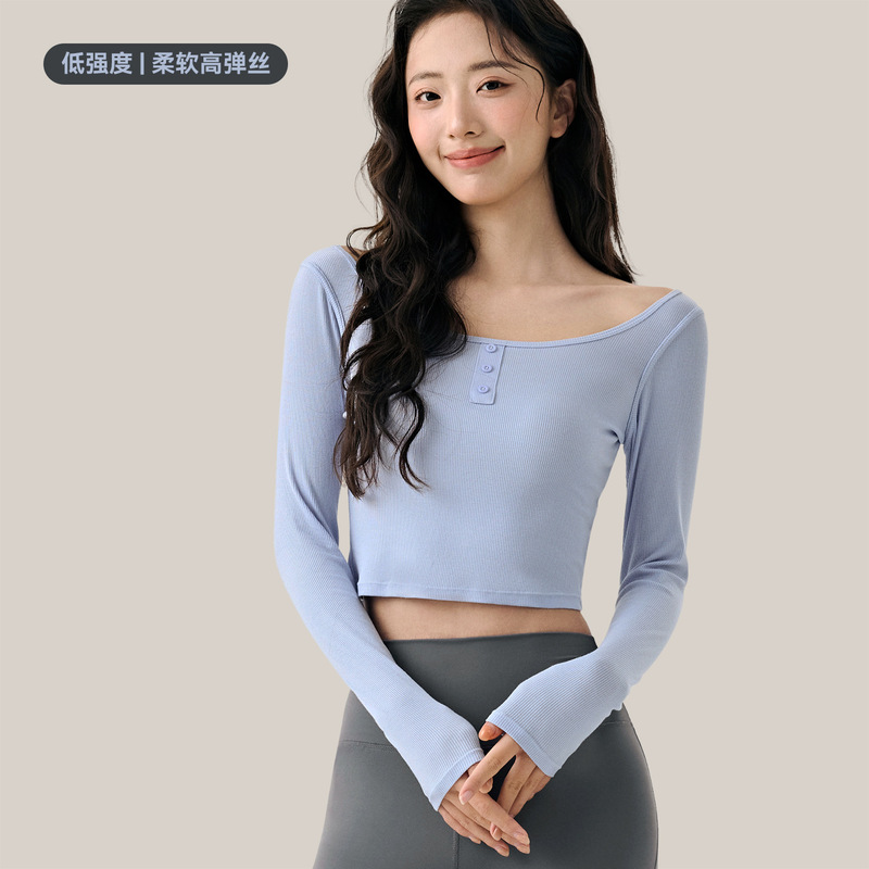 Round Neck Slim Long-Sleeved Yoga Clothes for Women Slimming Sports Outer Wear Fashionable Henry Collar Short Fitness Yoga Clothes Tops