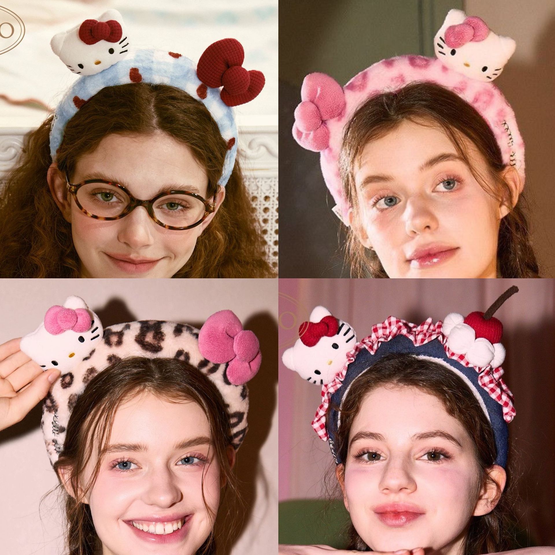 Nutshell Cartoon Kt Cat Headband Leopard Cat Bow Headband Cherry Plaid Hello Kitty New Hair Accessories