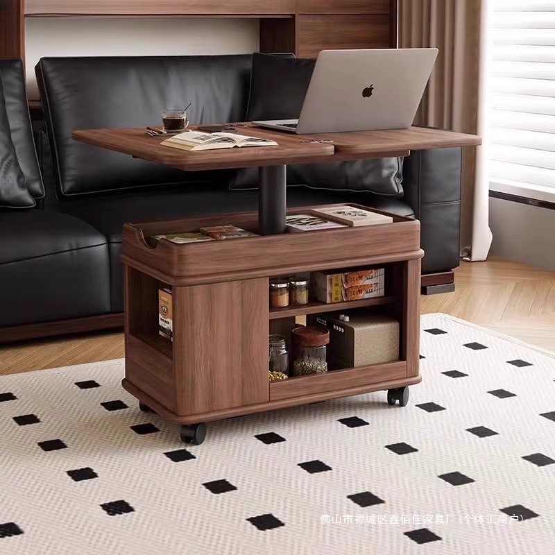 Walnut Mid-Century Style Mobile Coffee Table Foldable Lifting Tea Table Solid Wood Living Room Home Small Apartment Side Table Trolley