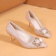 中高跟小香风单鞋带钻春款女鞋坡跟高跟鞋女