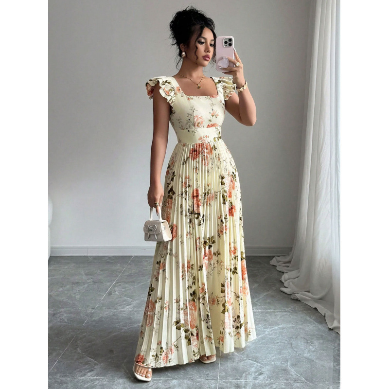 Women's Rose Print Flutter-Sleeve Pleated Dress, Casual Vacation Wear, Elegant Spring and Summer Clothing for Women Women's Rose Print Flutter-Sleeve Pleated Dress, Casual Vacation Wear, Elegant Spring and Summer Clothing for Women