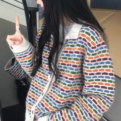 韩系复古彩虹翻领针织开衫女秋冬新款宽松显瘦百搭软糯毛衣外套潮