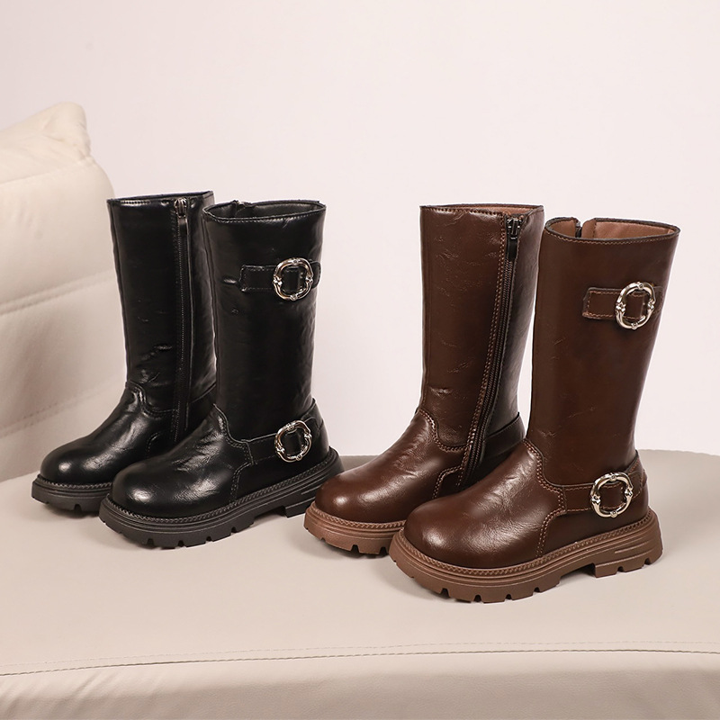 Girls' Fleece-Lined Leather Boots 2025 Autumn and Winter New Thick-Soled Belt Buckle Accessories Side Zipper Long Boots Versatile Children's Boots