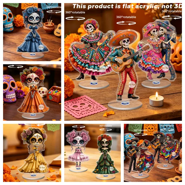 Mexican Day of the Dead Exotic Floral Skull 2D Acrylic 360-Degree Rotating Desktop Display Ornament Decoration